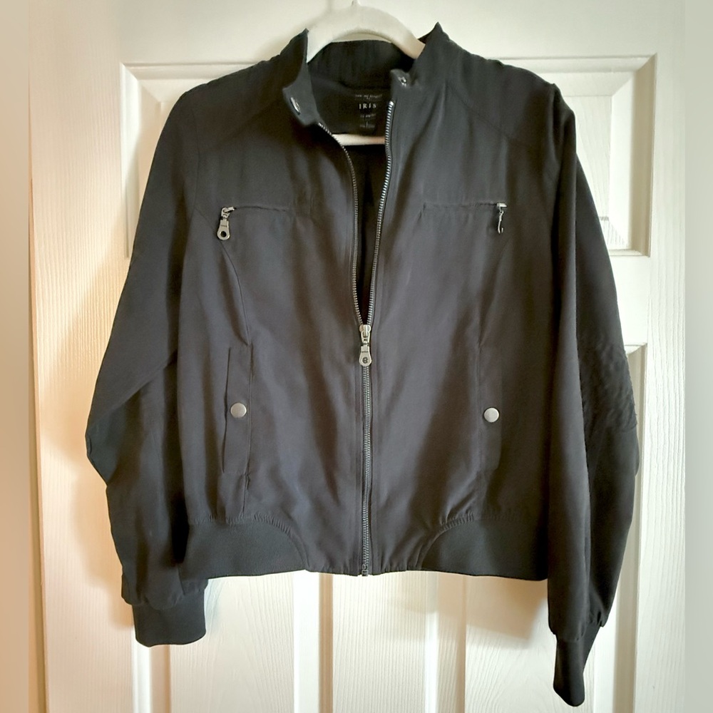 Black Zip Front Bomber Jacket | Lightweight | Pockets | Size L (Fits M)